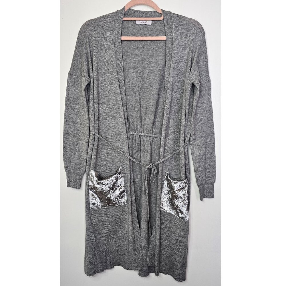 M&S Per Una Soft Lightweight 41% Wool Blend Long Cardigan Velvet Pockets Small